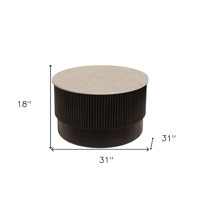 HomeRoots 31" White And Dark Brown Genuine Marble And Solid Wood Round Drum Coffee Table - 31' X '18' X '31