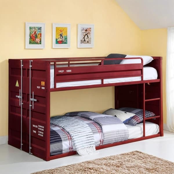 slide 2 of 6, Twin/Twin Bunk Bed with Slat System & Safety Guardrail Red