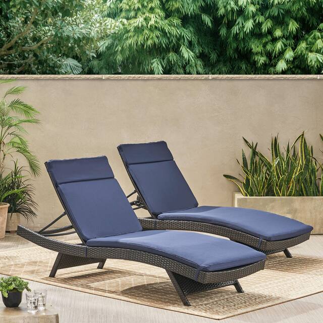 Salem Outdoor Wicker Lounge with Water Resistant Cushion (Set of 2) by Christopher Knight Home - Multibrown + Navy Blue