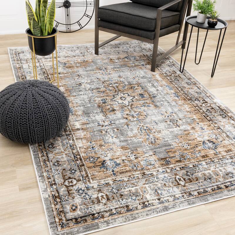 Sheffield Collection - Grey/Beige/Blue Border Rug