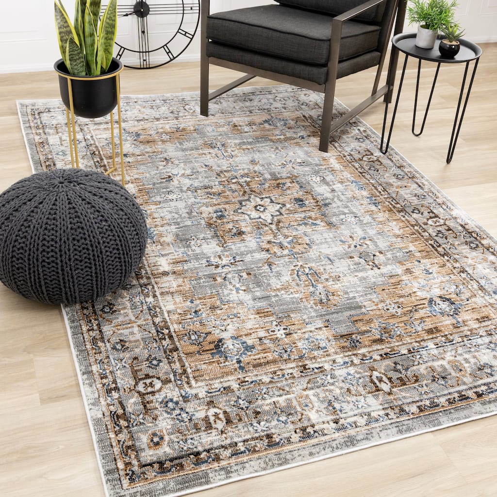 Sheffield Collection - Grey/Beige/Blue Border Rug