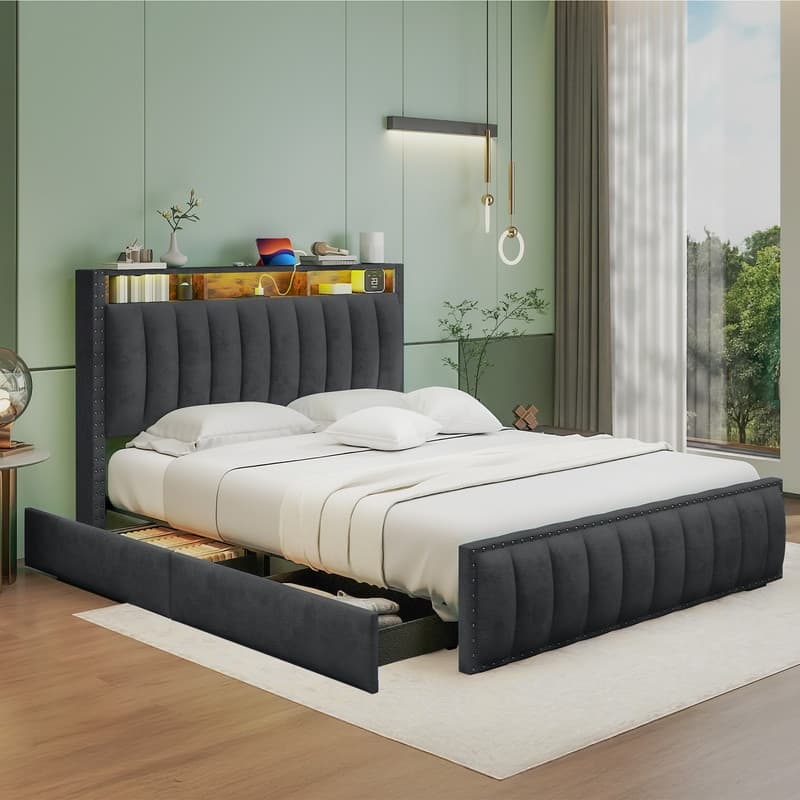 Full / Queen / King Size Platform Bed Frame with Upholstered Storage Headboard and 4 Drawers