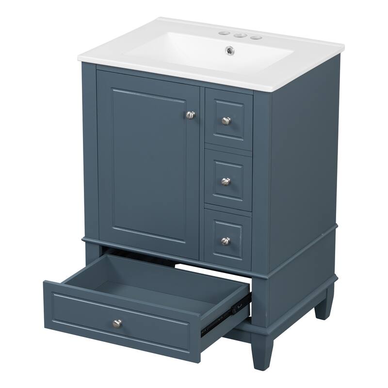 24" Freestanding Bathroom Vanity with Sink - Ceramic Top, Drawers & Shelves, MDF & Solid Wood Base, for Small Bathrooms