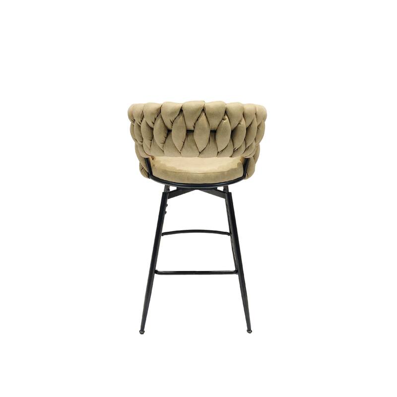 Leather Woven Bar Stool Set of 2, 360° Swivel Upholstered Arm Chairs, Kitchen Island Chairs with Back Footrest