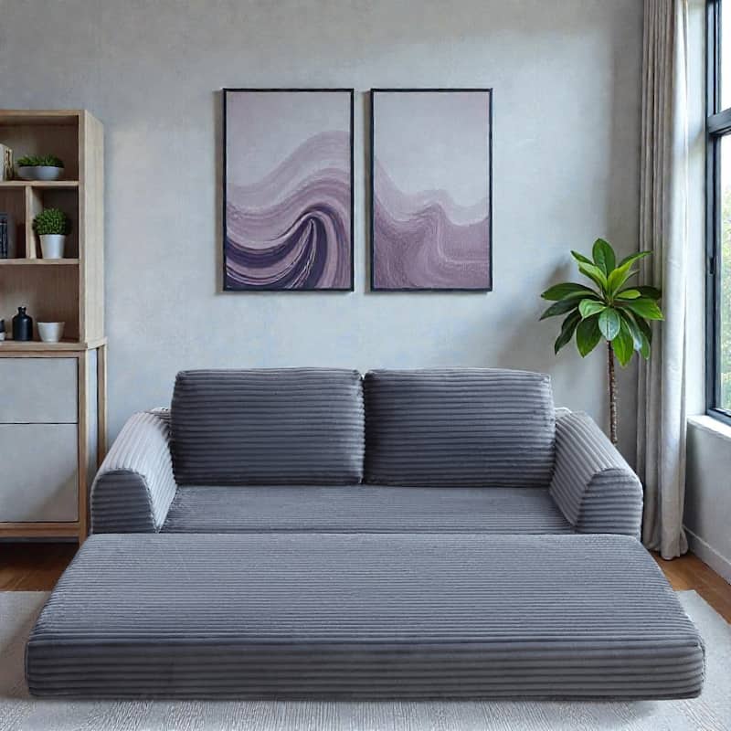 2 in 1 Folding Sofa Bed, Corduroy Convertible Sleeper Couch with Pillows, Boneless Futon Floor Sofa