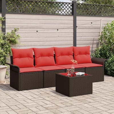 vidaXL 5-Seater Garden Sofa with Cushions Black/Brown/Grey Poly Rattan - 24.4 x 98.8 x 27.2
