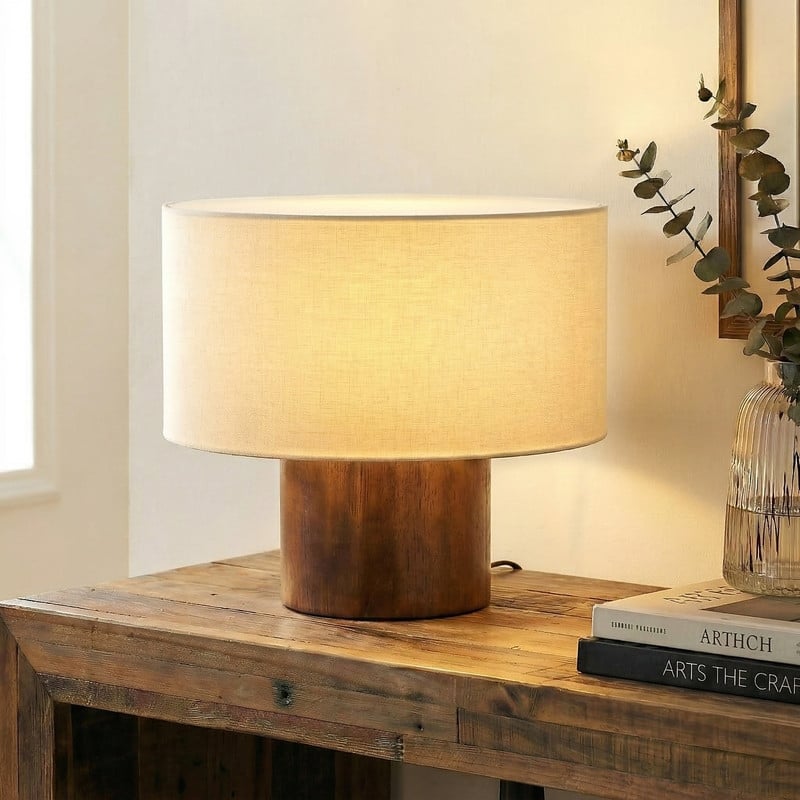 Brightech Oliver 10.5 in Polished Walnut Mid-Century 9W 800Lm 3000K Dimmable LED Modern Round Table Lamp With Cream Drum Shade