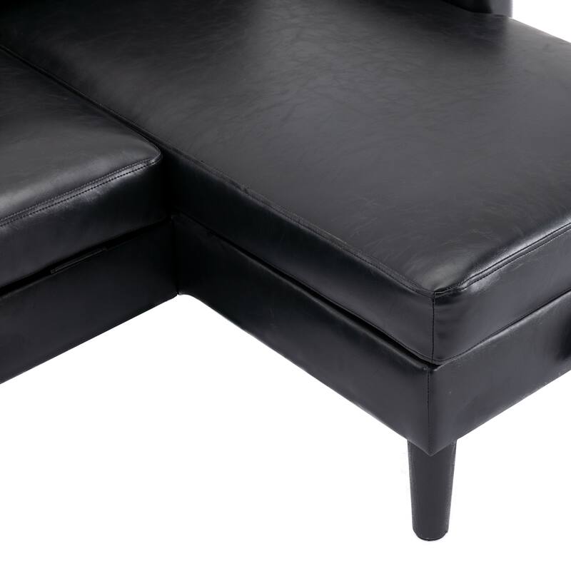 Black PU Leather Sectional with PullOut Bed Storage Chaise Sofa