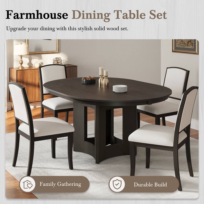5-Piece, Farmhouse Extendable Round Dining Table Set with 4 Chairs and Removable Leaf, for kitchen and Dining Room