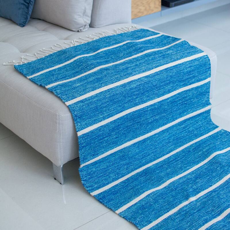 Handmade Azure Stripes Wool area rug (2.5x5) - 2' x 6' Runner