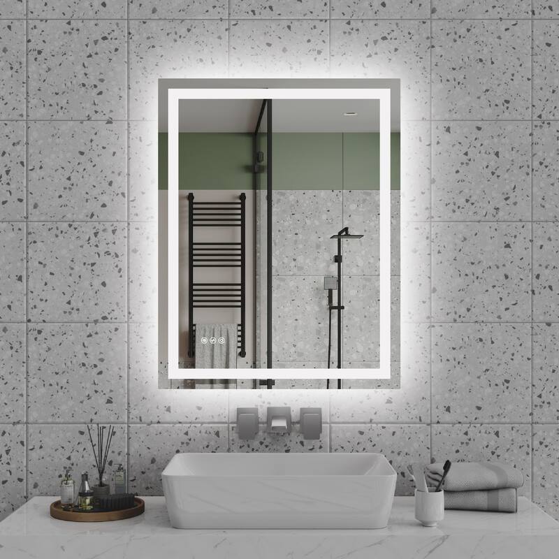 Silver Aluminum LED Bathroom Mirror with Anti-Fog, Dimming and Color Control - Dimensions: 28" x 36" - Silver