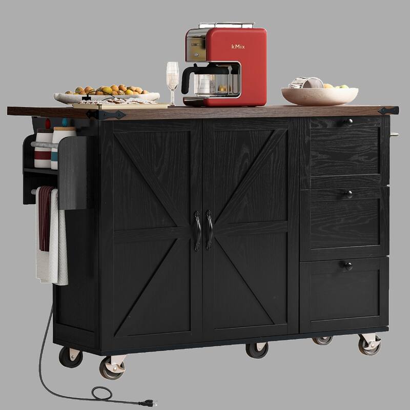 Farmhouse Kitchen Island with Drop Leaf, Power Outlet, Barn Doors, 3-Tier Storage, Rolling Cart on Wheels for Kitchen - Black