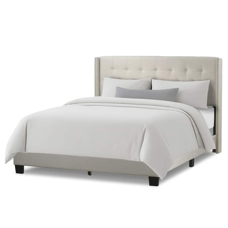 Asali Beige Fabric Bed with Button Tufting and Nail Headed Wings - King