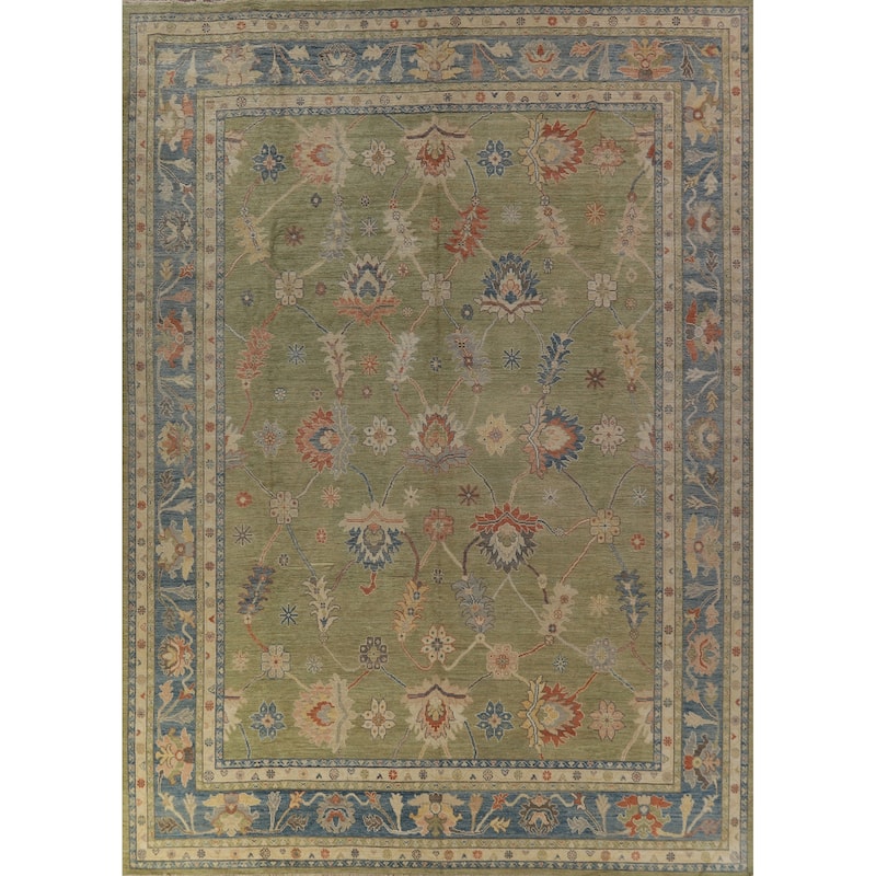 Hand Knotted Oriental 100% Wool Carpet Transitional All-Over Green Oushak Area Rug - 15' 1'' X 12' 2''