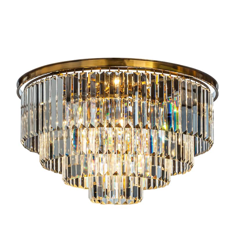 8-Lights Mid-Century Glam Modern 4-Tier Round Fringe Crystal Flush Mount Light For Living Room - W32'' - Antique Gold