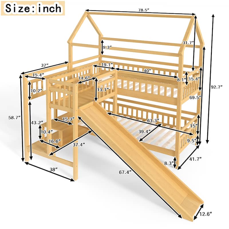 Twin House-shaped Bunk bed with Slide,Playhouse Bed with Storage Stairs, Two Placement Methods, Noise-free Design, Natural