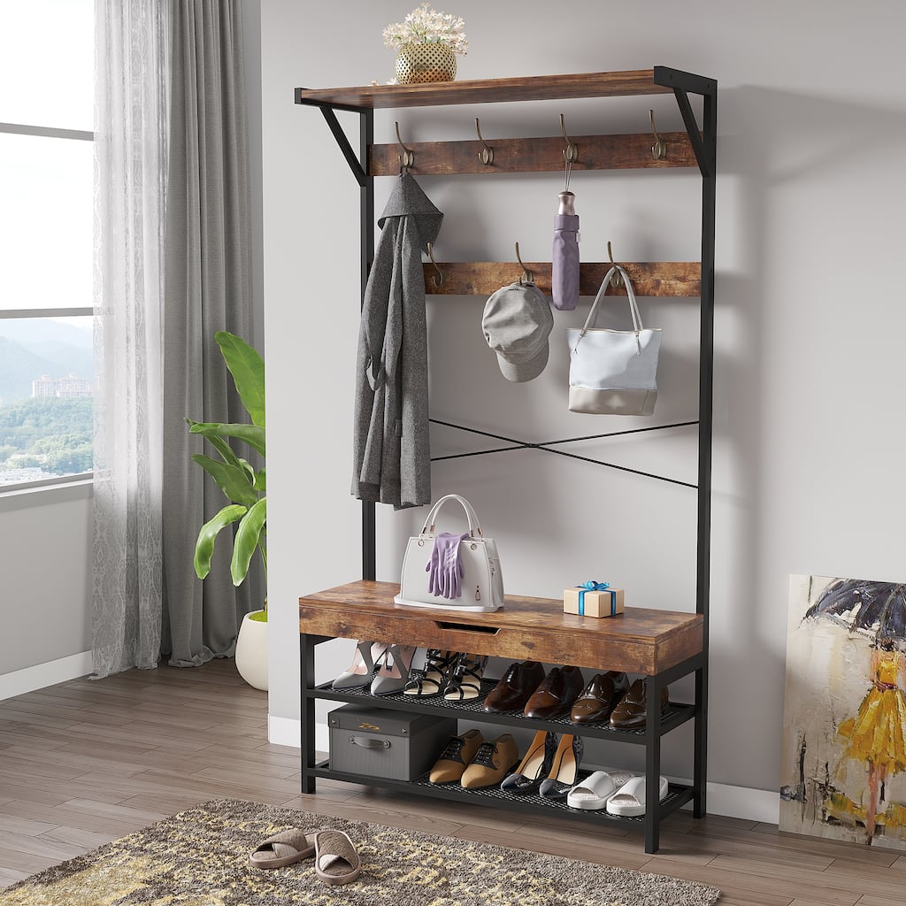 4 in 1 Hall Tree, Entryway Bench with Coat Rack, Shoe Bench