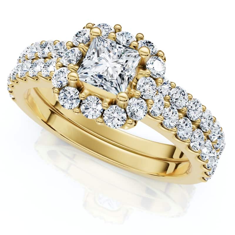 1.50Ct Princess Cut Halo Diamond Engagement Wedding Ring Set Gold Lab Grown