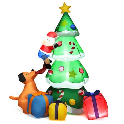 Costway 7 FT Inflatable Christmas Tree Santa Decor w/LED Lights - Green/Red/Yellow - 7 FT