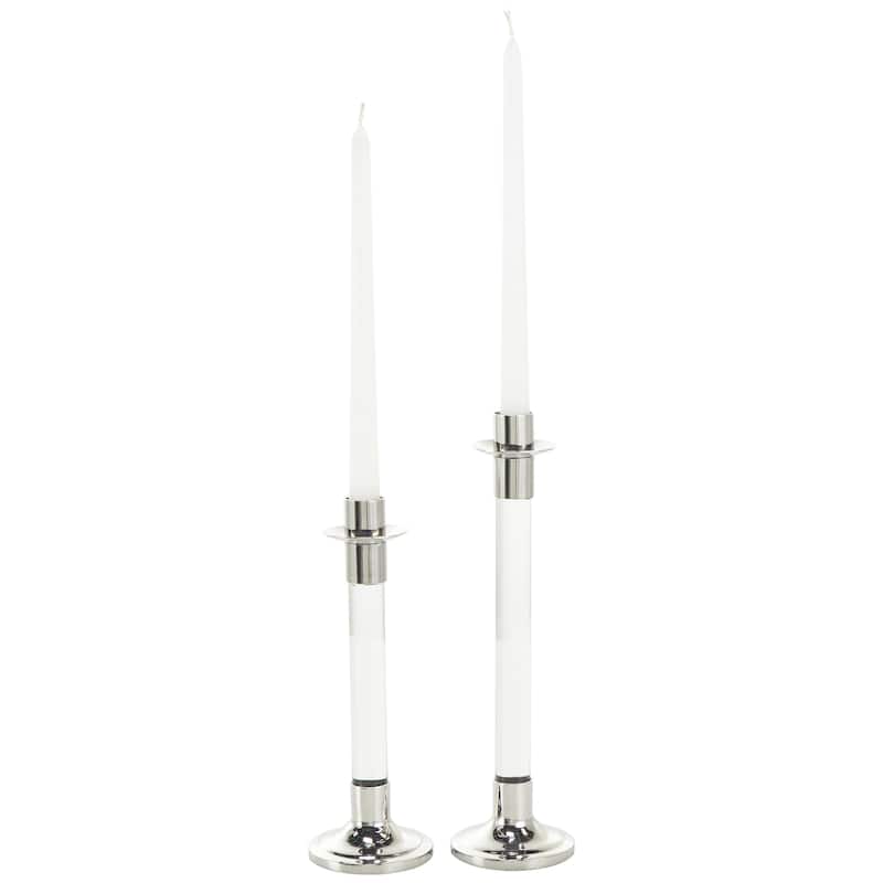 Stainless Steel Metal Decorative Candle Holder with Clear Glass Center - Set of 2 Gold or Silver - Roche River Decor - Silver
