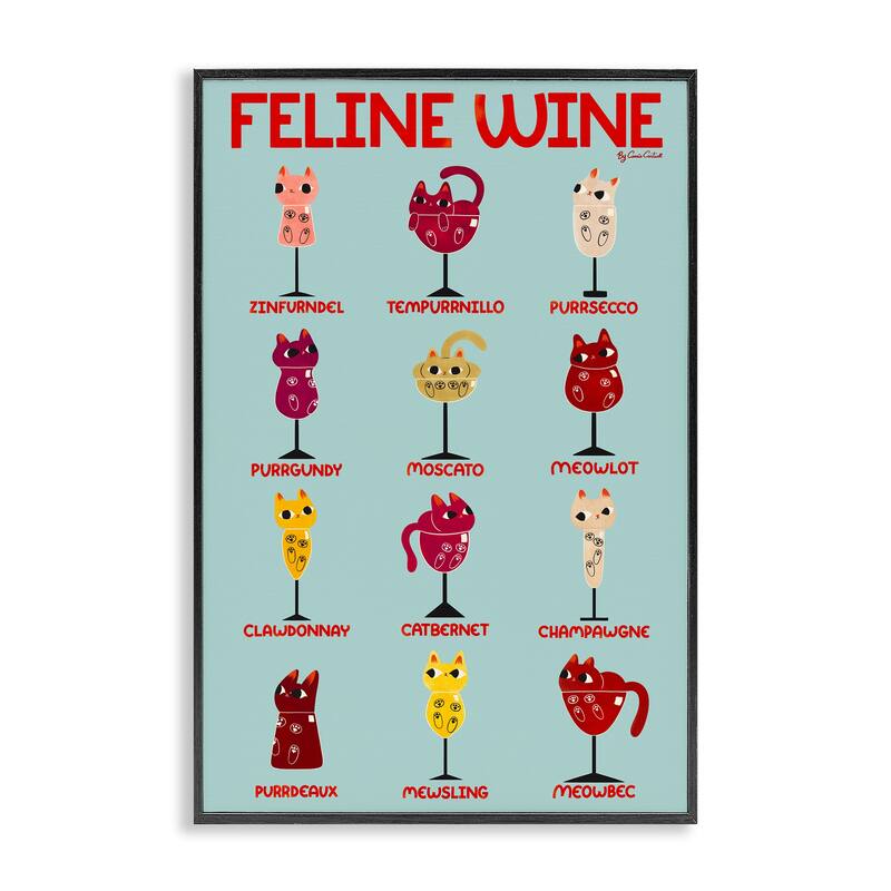 Stupell Clever Feline Wine Drinks Framed Giclee Art Design By Carrie Cantwell - 16 x 24 - Black