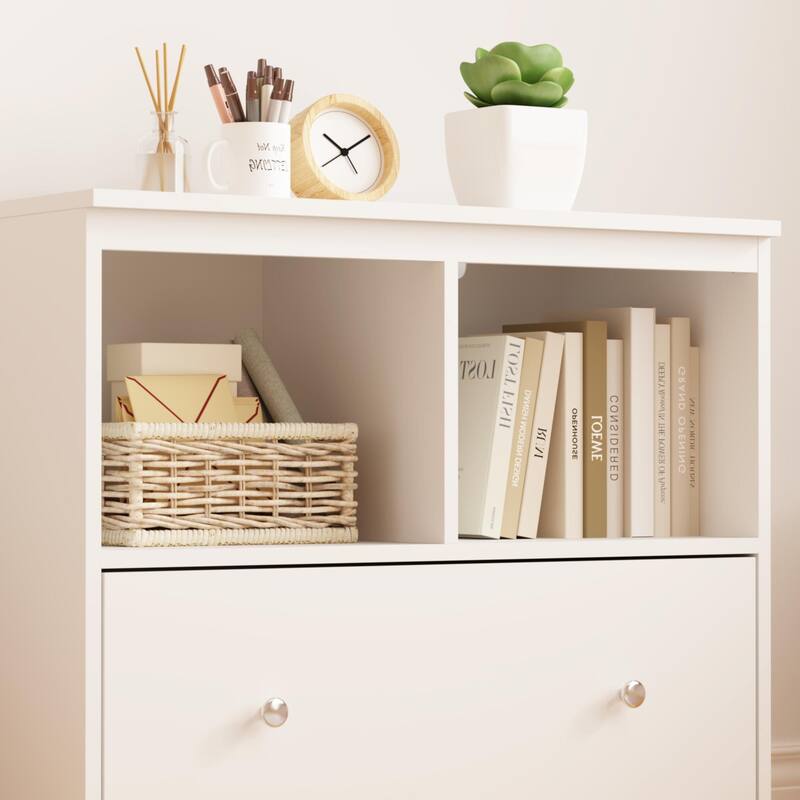 Modern White Storage Cabinet with Open Shelf and Drawer - Kids Playroom and Home Office Organizer