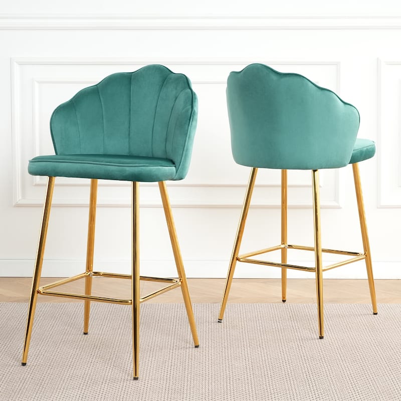 Shell Shape Velvet Bar Chair,Gold-Plated Metal Chair Legs, Suitable For Coffee Shop, Bar, Restaurant (Set Of 2)