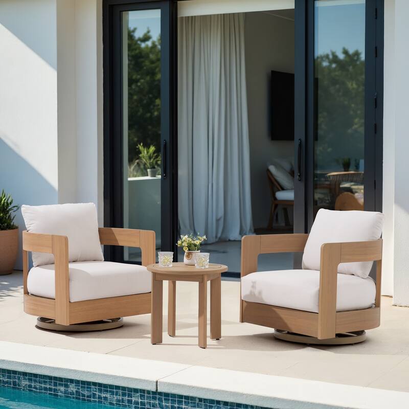 Outdoor 3-Piece Swivel Chair Conversation Set and Coffee Table in Eucalyptus Wood