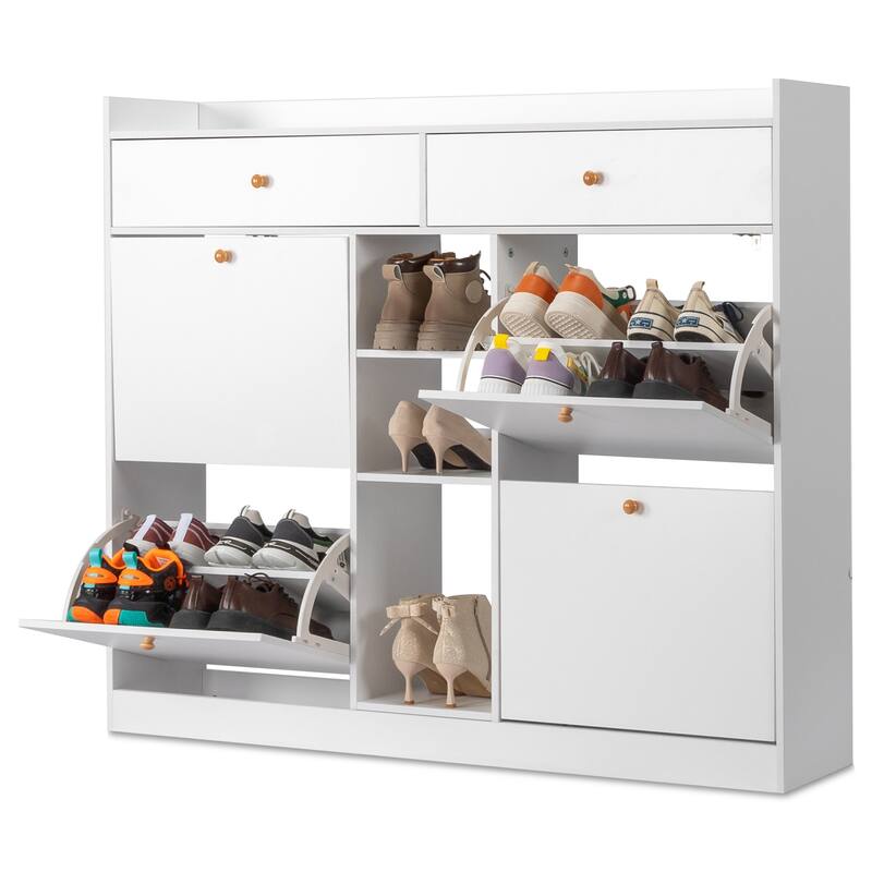White Shoe Cabinet with 4 Drawers and Storage Compartments for Entryway Hallway Organization - 50.39”W x 9.84”D x 42.13”H