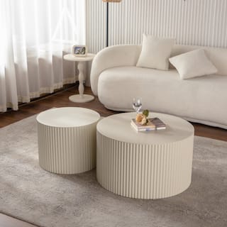 Beige Nesting Coffee Table Set of 2, Wave Stripe Design for Living Room