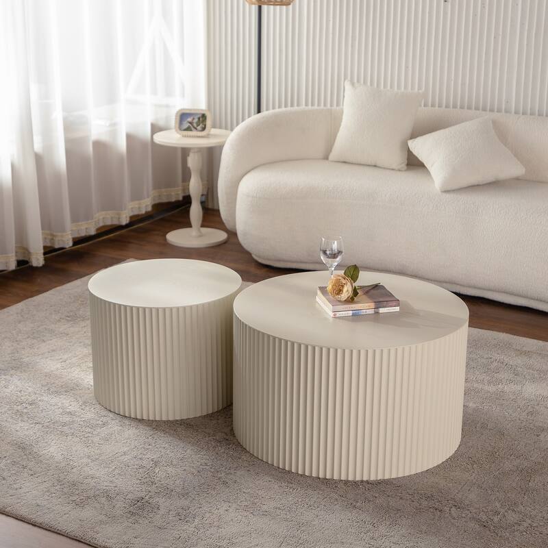 Modern Round Wood Coffee Table Stylish Coffee Table with Hand-Carved Relief and Base, for Living Room