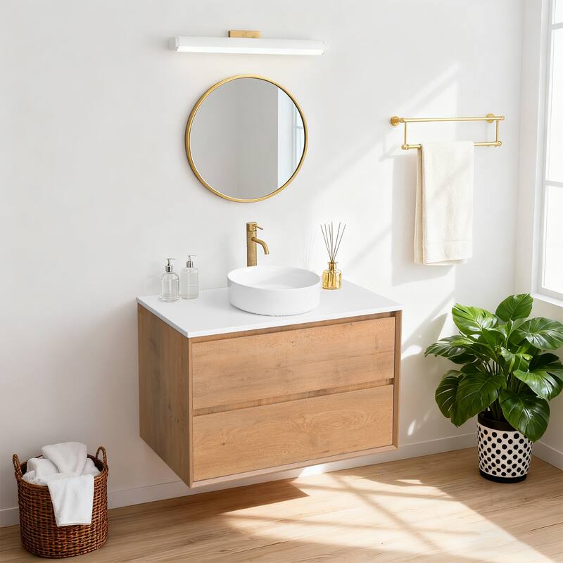 Sylphar 36 inch Toffee Oak Floating Bathroom Vanity with White Quartz Top