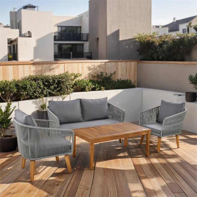 4-Piece Patio Conversation Set with Cushions and Solid Wood Loveseat