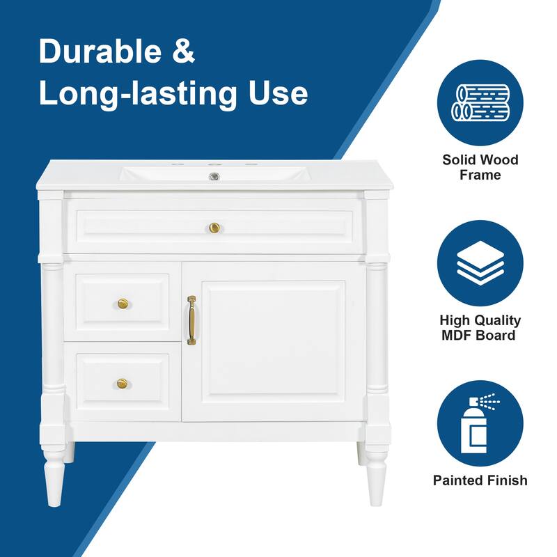 36" Bathroom Vanity with Sink, Freestanding Bathroom Cabinet with Ceramic Basin, Flip Drawer, Adjustable Shelf