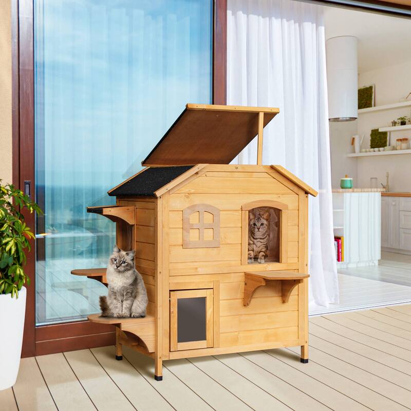 2-Story Outdoor Cat House with Weatherproof Slanted Roof and Escape Door