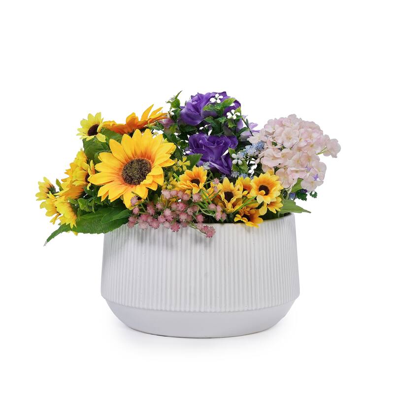 Set 2 Non-Porous Matte White Ribbed Ceramic Planter for Aquatic Plants