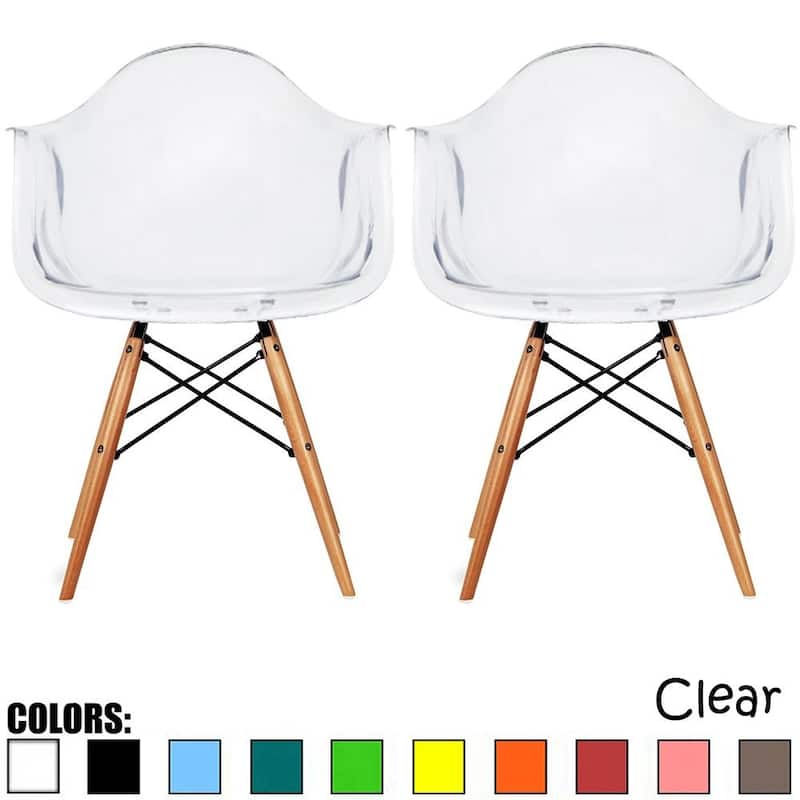 Set of 2, Clear Modern Plastic Chair Armchair With Natural Wood Legs Accent Dining