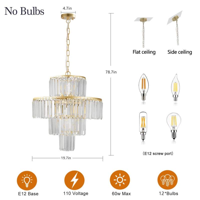 20-Inch Luxury Four-Tier Crystal Chandelier, 12-Light Gold Frame Pendant Ceiling Light, Elegant Illumination(No Bulbs) - 20"