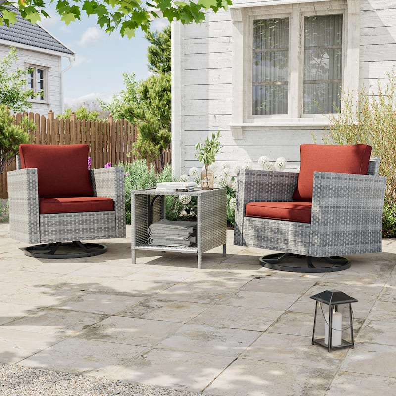 BONOSUKI 3Pcs Patio Swivel Rocking Sofa Set Grey Rattan w/Side Table - Rust Red