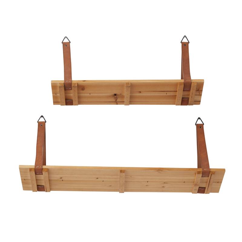CosmoLiving by Cosmopolitan Brown Wood 2 Shelves Wall Shelf with Faux Leather Straps (Set of 2)