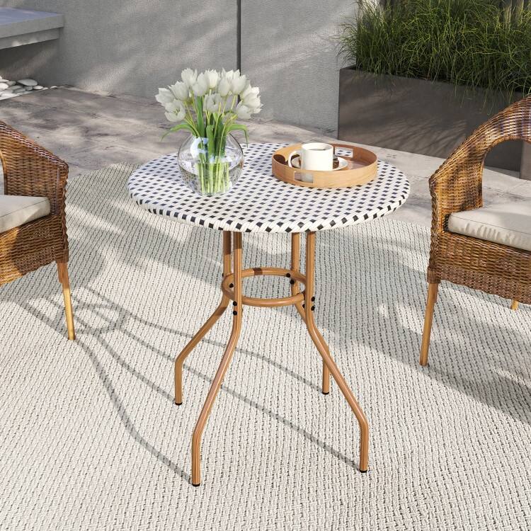 White PE Rattan Metal Round Bistro Table 27.5 inches Patio Outdoor - 27.5" × 29"