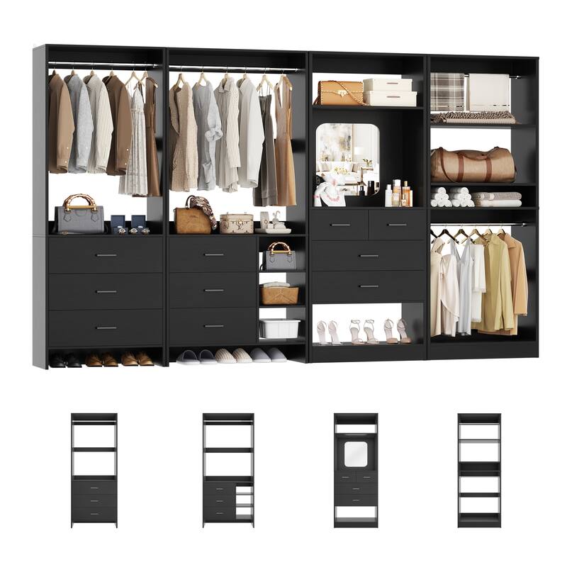 Cimly Set of 4 Closet Organizer with Drawers and Mirror, Freestanding Closet System with Hanging Rods