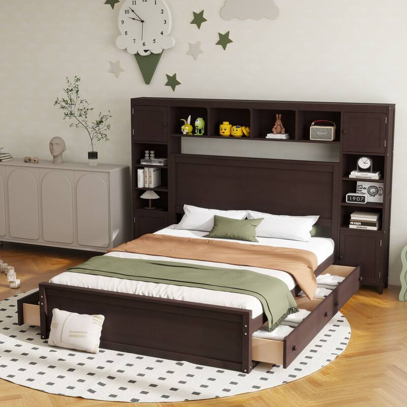 Modern Platform Bed with Integrated Cabinet, Trundle Bed and Drawers