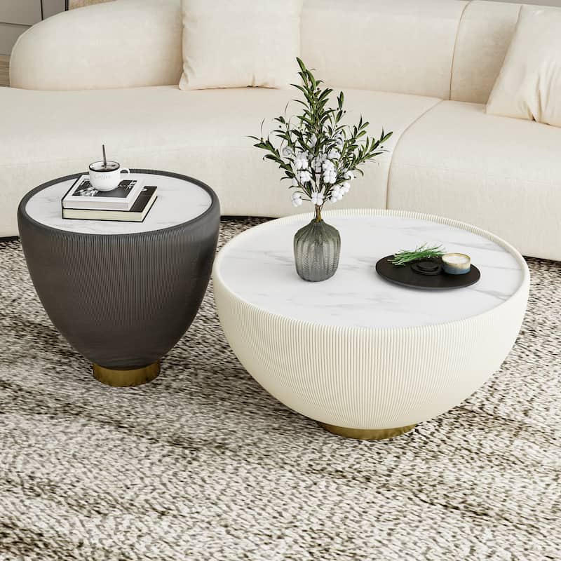 Modern Drum Coffee Table, Sintered Stone Coffee Table with PU Leather and Aluminum Alloy Base