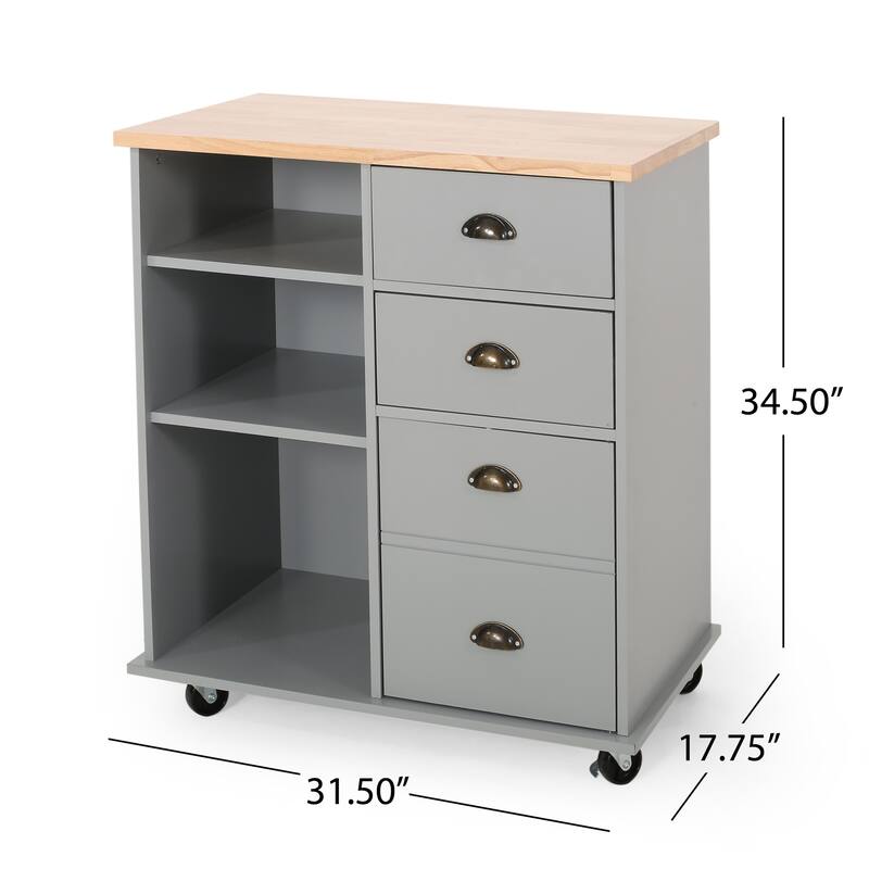 Fixed Wheel Rolling Modern Kitchen Utility Cart with 2 Drawers, 1 Cabinet, 3 Shelves and Rubberwood Top, Gray