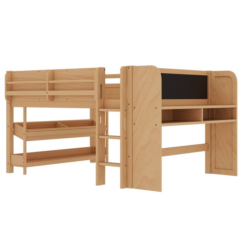 Full/Twin Size Loft Bed with Built-in Desk, Multi-Storage Bookcases & Blackboard, Solid Wood Low Loft Bed Frame