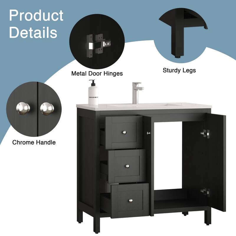 GDF Studio - Munich Modern 35.5" Plywood Bathroom Vanity with 3 Soft-Close Storage Drawers and Basin