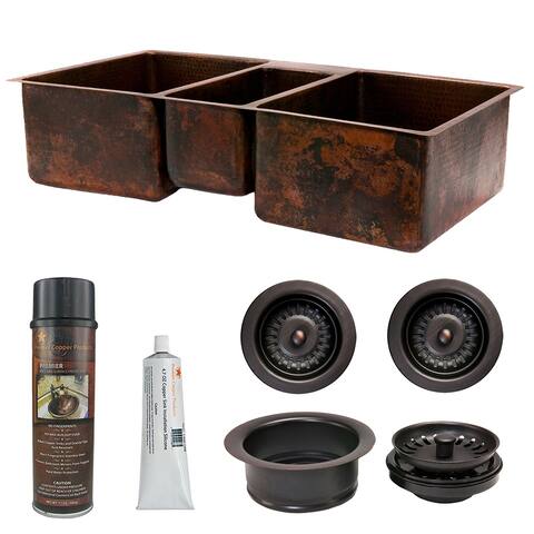 42-in Hammered Copper Kitchen Triple Basin Sink with Matching Drains, and Accessories (KSP3_KTDB422210)