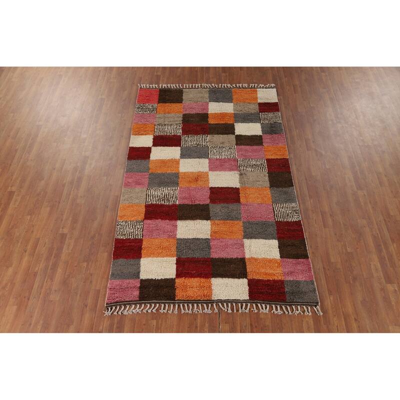 Hand Knotted Oriental 100% Wool Carpet Modern All-Over Multi-Colored Moroccan Area Rug - 9' 4'' X 5' 8''