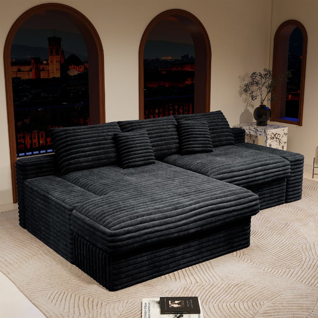 Roomfitters 118.1" Modular Sectional Sofa, 2-Piece Compressed Cloud Couch, No Assembly Required, Plush Corduroy, Black